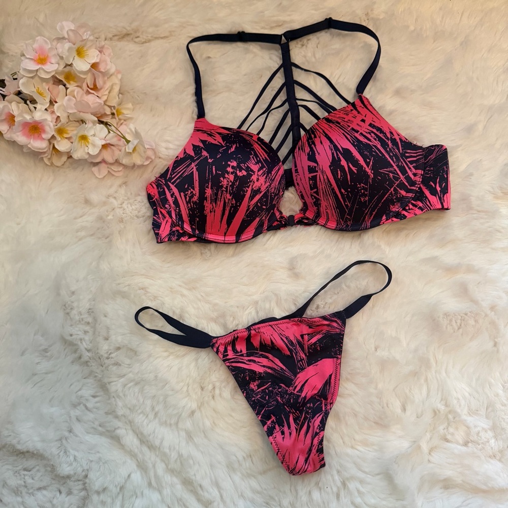 Victoria's Secret Neon Pink and Blue Bra and pantie set